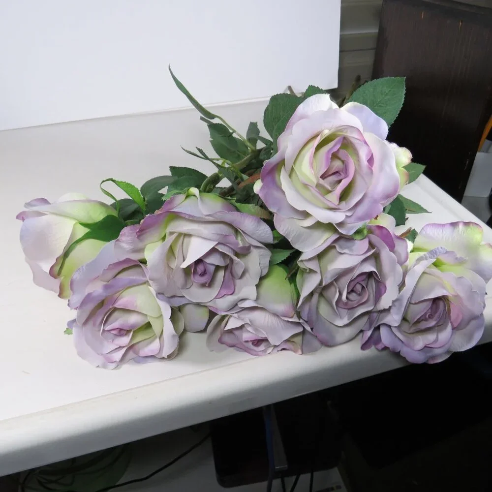 Lavender Purple Roses (7) single long stem silk flowers with soft fabric petals